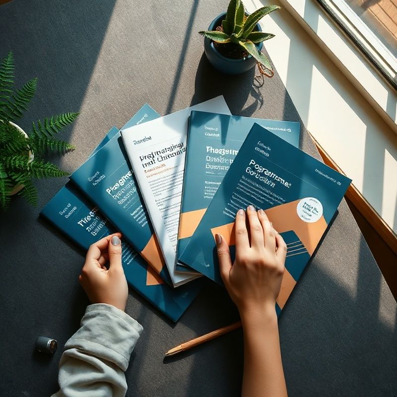 Overhead view of four Hamiltonlink programme brochures on an indigo-toned desk